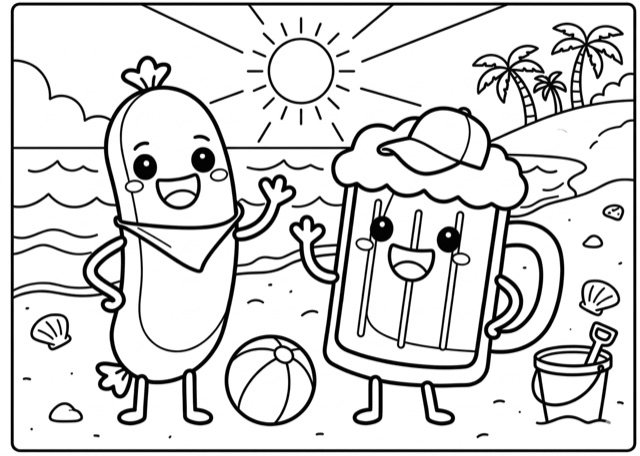 줌 비어크루크 색칠 그림 — 소세지 캐릭터 브랏티와 맥주잔 캐릭터 크루기